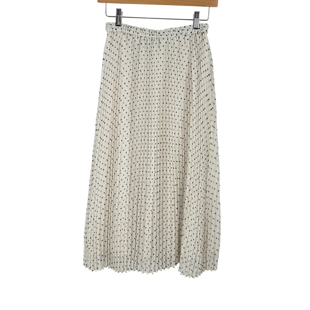 Ann Taylor White Black Polka Dot Pleated Midi Skirt Petite XSP Elastic Waist